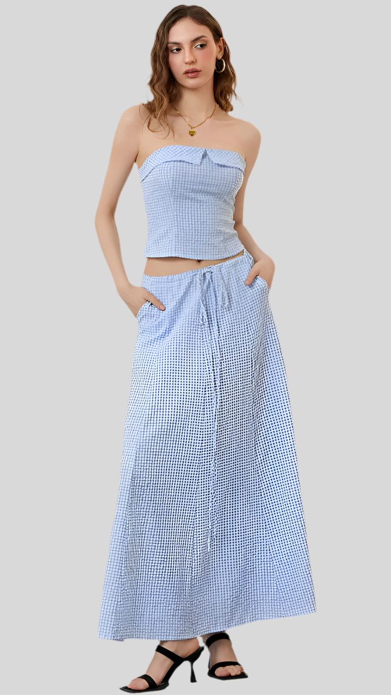 Strapless Tube Top & Drawstring Long Skirts 2 Piece Clothes Set