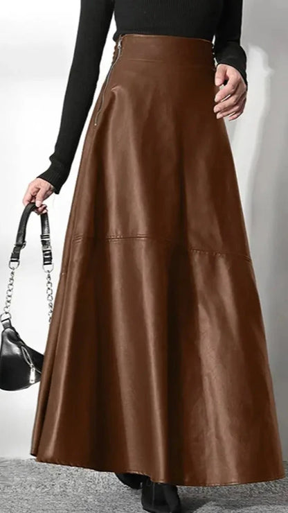 Solid Color PU Leather High Waist Long Skirt