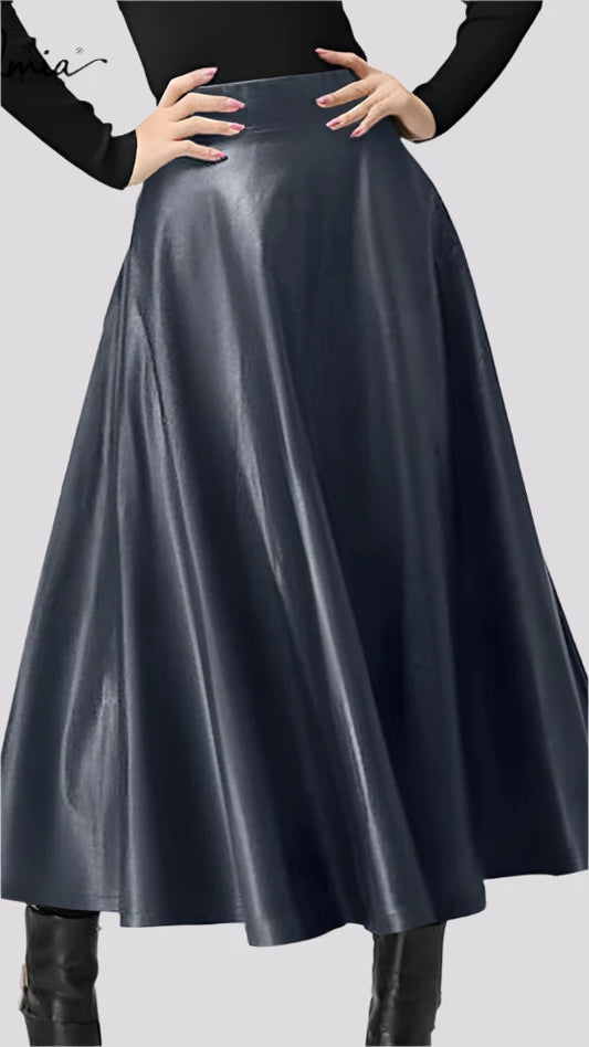 PU Leather High Waist Casual Long Skirt