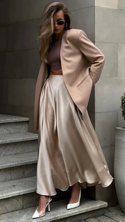 Elegant High Waist Satin Loose Skirt